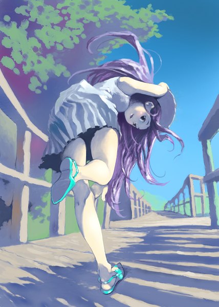 Anime picture 1181x1654 with original pomodorosa single long hair tall image looking at viewer open mouth smile standing sky purple hair black eyes open clothes summer running girl dress plant (plants) hat tree (trees)