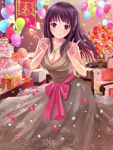 Anime picture 600x800 with original dorakyura single long hair tall image blush smile standing purple eyes cleavage purple hair braid (braids) leaning leaning forward victory girl dress flower (flowers) ribbon (ribbons) heart