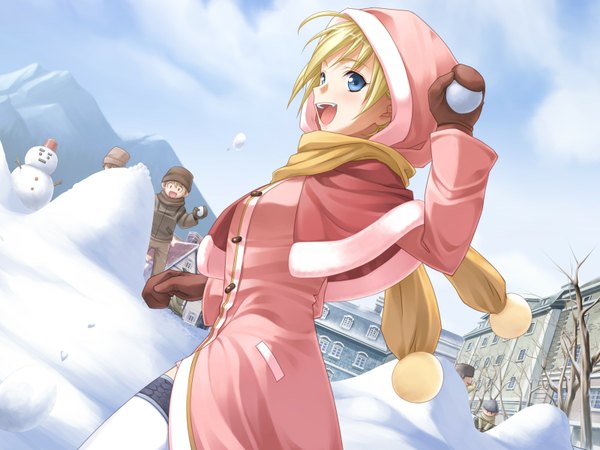 Anime picture 1600x1200 with fuyu no rondo marie lumiaula yasuyuki open mouth blue eyes blonde hair game cg girl scarf