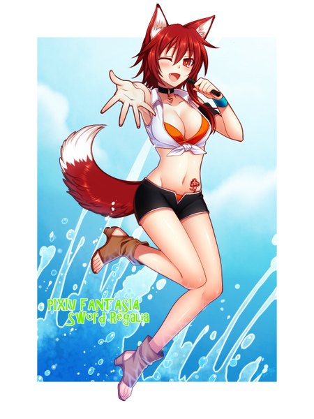 Anime picture 1080x1440 with original pixiv fantasia pixiv fantasia sword regalia konshin single tall image short hair open mouth light erotic red eyes animal ears cleavage red hair animal tail one eye closed wink midriff tattoo legs girl