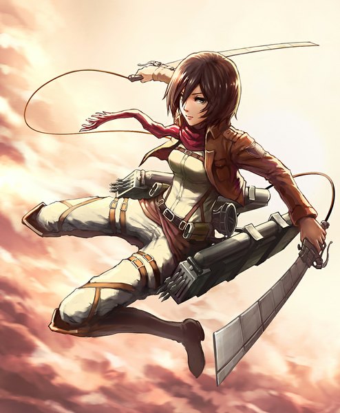 Anime picture 824x1000 with shingeki no kyojin production i.g mikasa ackerman haoni single tall image looking at viewer short hair black hair holding open clothes open jacket grey eyes dual wielding girl uniform weapon sword jacket scarf