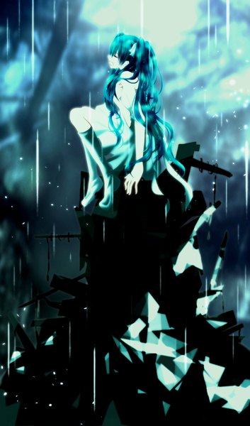Anime picture 1178x2000 with vocaloid hatsune miku aonoe single long hair tall image open mouth sitting twintails eyes closed aqua hair rain ruins girl thigh boots