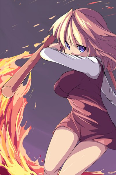 Anime picture 666x1000 with original saiste single tall image looking at viewer short hair blonde hair simple background purple eyes legs dark background girl weapon clothes flame