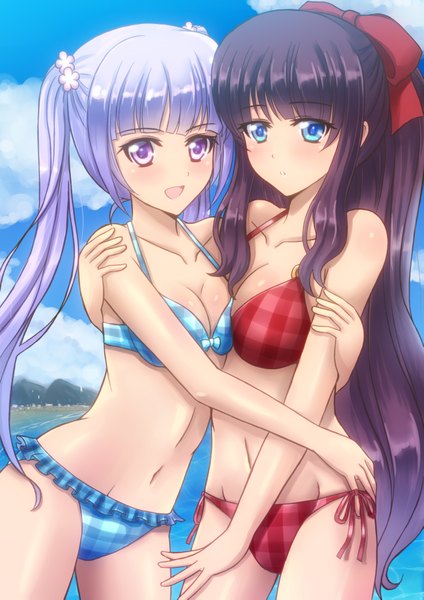 Anime picture 2894x4093 with new game! doga kobo suzukaze aoba takimoto hifumi sawwei005 long hair tall image looking at viewer blush fringe highres breasts open mouth blue eyes smile brown hair large breasts standing purple eyes twintails