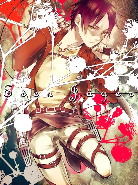 Anime picture 900x1200 with shingeki no kyojin production i.g eren yaeger tagme (artist) single tall image looking at viewer short hair brown hair holding yellow eyes inscription open clothes open jacket dual wielding boy uniform weapon sword jacket