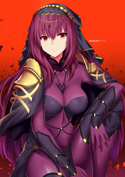 Anime picture 2480x3507 with fate (series) fate/grand order scathach (fate) (all) scathach (fate) makise medaka single long hair tall image looking at viewer fringe highres breasts light erotic simple background hair between eyes red eyes sitting purple hair bent knee (knees) inscription