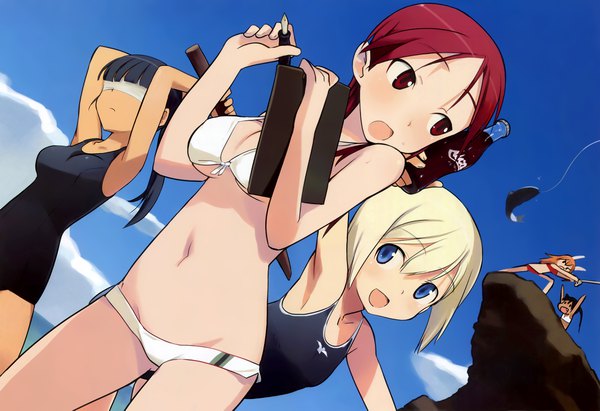 Anime picture 4180x2865 with strike witches erica hartmann francesca lucchini charlotte e yeager sakamoto mio minna-dietlinde wilcke shimada fumikane long hair fringe highres short hair breasts open mouth blue eyes light erotic black hair blonde hair hair between eyes red eyes large breasts