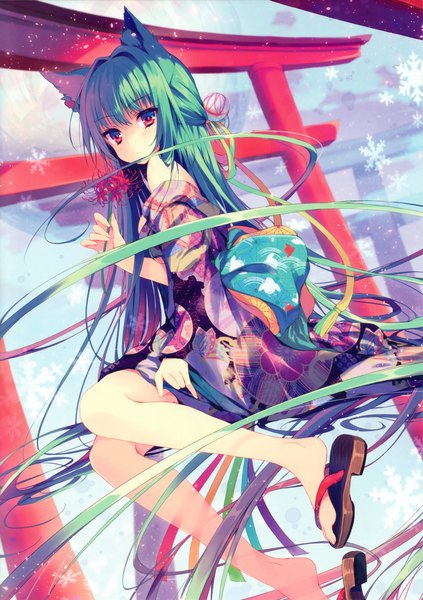 Anime picture 2139x3033 with original reia single tall image looking at viewer highres animal ears bent knee (knees) very long hair traditional clothes japanese clothes pink eyes green hair cat ears scan snowing winter jumping girl flower (flowers)