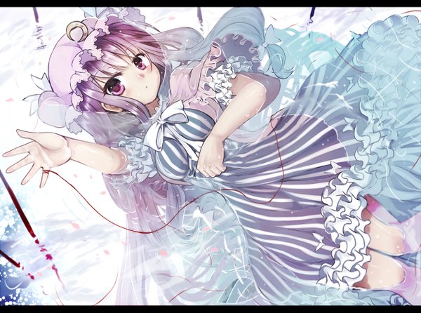 Anime picture 1250x930 with touhou patchouli knowledge sumisu (mondo) long hair blush purple eyes purple hair lying striped crescent girl dress bow water frills bonnet thread red thread