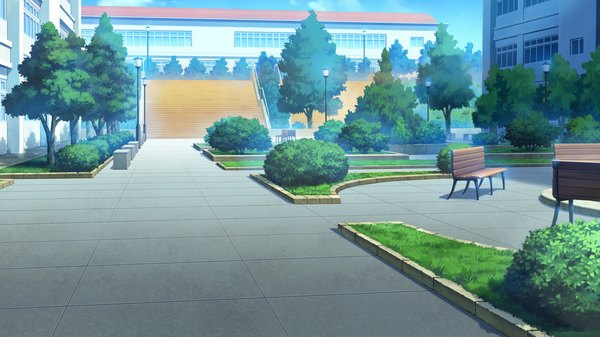 Anime picture 1820x1024 with hapymaher purple software highres wide image game cg no people plant (plants) tree (trees) stairs bench