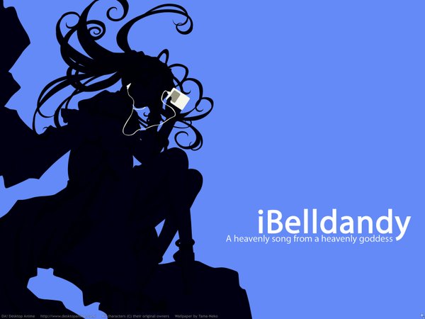 Anime picture 1600x1200 with aa megami-sama anime international company ipod belldandy signed watermark blue background silhouette multicolored