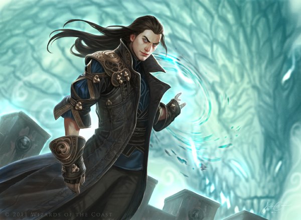 Anime picture 1000x731 with magic: the gathering magic the gathering lord of the unreal jason chan single long hair looking at viewer blue eyes black hair official art magic fantasy boy fingerless gloves dragon magic circle