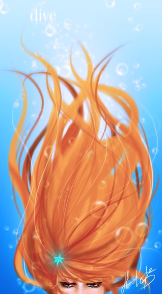 Anime picture 1488x2700 with bleach studio pierrot inoue orihime haloblabla single long hair tall image signed orange hair inscription grey eyes underwater girl hair ornament water hairclip star (symbol) bubble (bubbles) star hair ornament