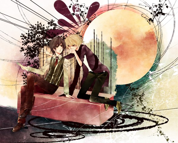 Anime picture 1576x1265 with mutou shino highres short hair blonde hair brown hair sitting brown eyes green eyes boy plant (plants) glasses necktie shoes moon vest jeans