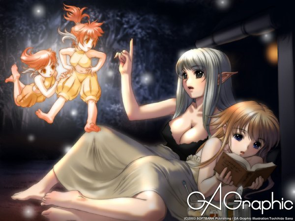 Anime picture 1067x800 with gagraphic sano toshihide long hair short hair breasts blue eyes light erotic brown hair multiple girls green eyes cleavage silver hair ponytail red hair barefoot pointy ears wallpaper elf reading girl