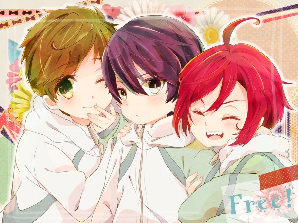 Anime picture 1200x900 with free! kyoto animation matsuoka rin nanase haruka (free!) tachibana makoto nicole (usako) looking at viewer blush short hair blue eyes black hair smile brown hair green eyes ahoge red hair eyes closed one eye closed wink multiple boys