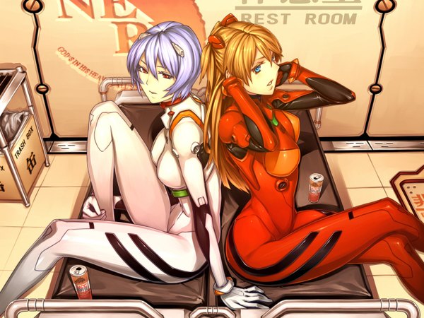 Anime picture 1600x1200 with neon genesis evangelion gainax soryu asuka langley ayanami rei red eyes multiple girls blue hair red hair nerv girl 2 girls
