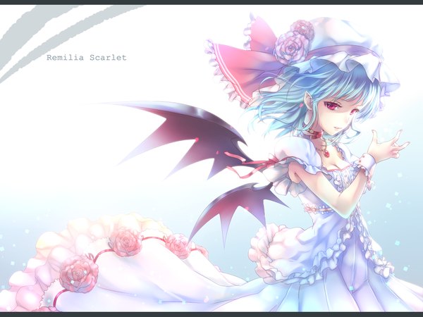 Anime picture 1400x1050 with touhou remilia scarlet cube (maryquant) single looking at viewer short hair red eyes blue hair girl dress flower (flowers) bow wings frills pendant bonnet