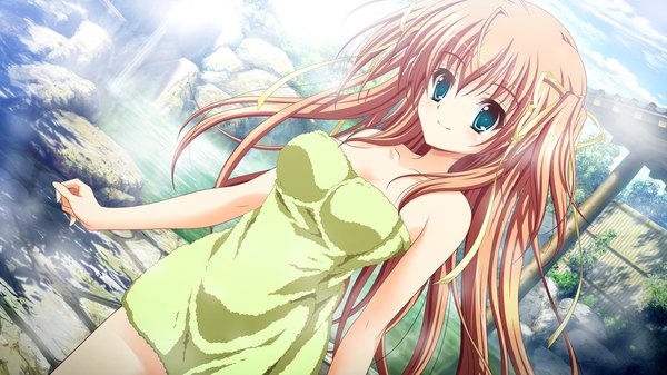 Anime picture 1280x720 with ren'ai kateikyoushi rurumi coordinate! (game) higashibetsuin rurumi suzui narumi long hair blue eyes light erotic wide image game cg orange hair two side up naked towel girl towel