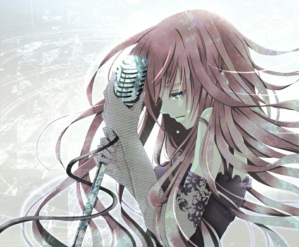 Anime picture 1000x825 with vocaloid megurine luka aonoe single long hair blue eyes bare shoulders pink hair tears girl gloves elbow gloves microphone stand