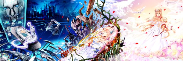 Anime picture 3000x1000 with original stells long hair highres smile wide image cloud (clouds) eyes closed hair flower city glowing undressing fantasy alternate age glowing weapon broken detailed futuristic girl dress
