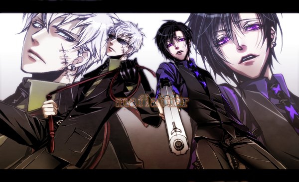 Anime picture 1232x752 with uehara (artist) looking at viewer black hair wide image purple eyes silver hair multiple boys couple letterboxed scar silver eyes zoom layer mafia boy earrings shirt necktie belt 2 boys pants