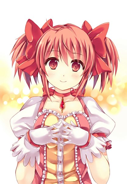 Anime picture 600x862 with mahou shoujo madoka magica shaft (studio) kaname madoka peach88 single tall image blush short hair smile twintails pink hair pink eyes short twintails girl dress gloves bow hair bow white gloves pendant
