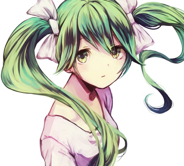 Anime picture 1000x900 with vocaloid hatsune miku yuji kazakiri single long hair looking at viewer simple background white background twintails green eyes green hair girl ribbon (ribbons) hair ribbon blouse