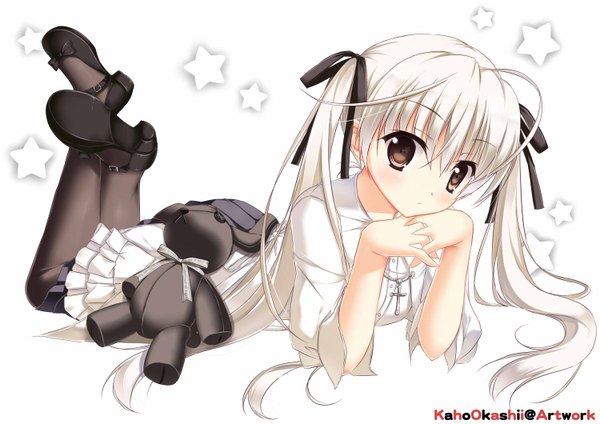 Anime picture 1500x1060 with yosuga no sora kasugano sora kaho okashii long hair simple background white background twintails brown eyes white hair loli legs girl dress ribbon (ribbons) hair ribbon shoes star (symbol) toy stuffed animal