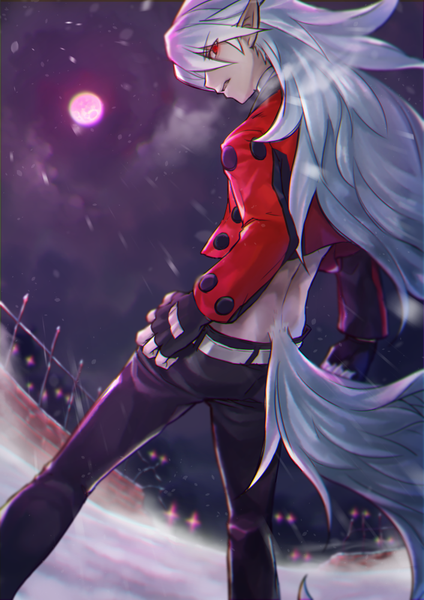 Anime picture 707x1000 with disgaea makai senki disgaea 4 fenrich teiruzuta (artist) single long hair tall image looking at viewer red eyes white hair tail animal tail looking back pointy ears turning head wolf tail red moon albino boy gloves