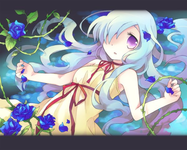 Anime picture 1280x1024 with original tachitsu teto single long hair looking at viewer fringe purple eyes blue hair hair over one eye sleeveless letterboxed ophelia's pose girl dress flower (flowers) plant (plants) petals rose (roses) blue rose yellow dress