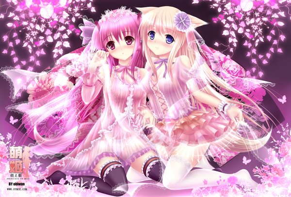 Anime picture 1600x1086 with obiwan blue eyes blonde hair multiple girls animal ears pink hair pink eyes girl thighhighs 2 girls plant (plants)