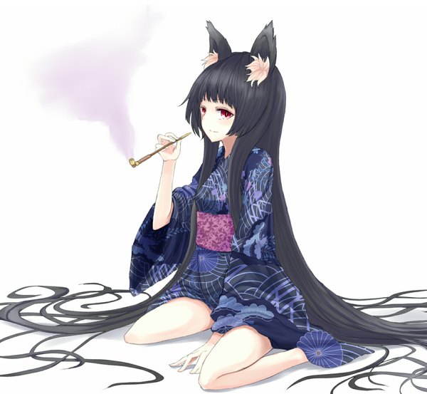 Anime picture 1040x960 with original azure luna single black hair simple background red eyes white background animal ears very long hair japanese clothes smoking girl kimono