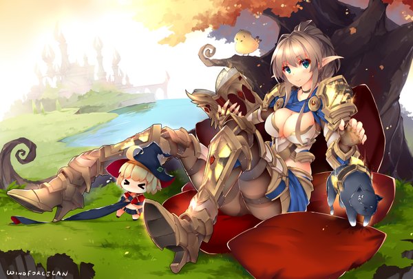 Anime picture 1748x1181 with world of warcraft blizzard entertainment blood elf windforcelan long hair looking at viewer blush highres short hair breasts light erotic blonde hair smile large breasts green eyes pointy ears elf chibi dark hair girl