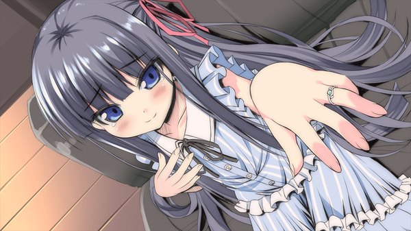 Anime picture 1280x720 with santaful summer long hair blush blue eyes black hair wide image game cg girl dress ribbon (ribbons) hair ribbon