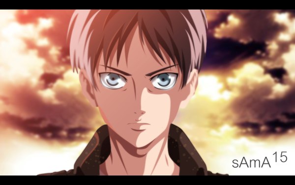 Anime picture 1024x642 with shingeki no kyojin production i.g eren yaeger sama15 single looking at viewer short hair blue eyes black hair wide image sky cloud (clouds) upper body coloring boy