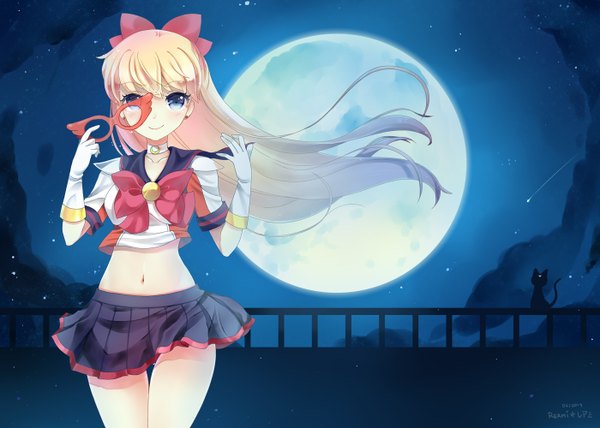 Anime picture 1400x1000 with bishoujo senshi sailor moon toei animation aino minako sailor venus reami long hair looking at viewer blush fringe blue eyes blonde hair smile standing sky cloud (clouds) pleated skirt night bare belly night sky shooting star