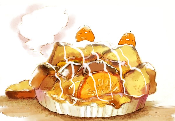 イラスト 2000x1392 と オリジナル チャイ highres simple background 白背景 signed 影 ペア 食べ物 スイーツ 果物 ケーキ 生き物 orange (fruit)