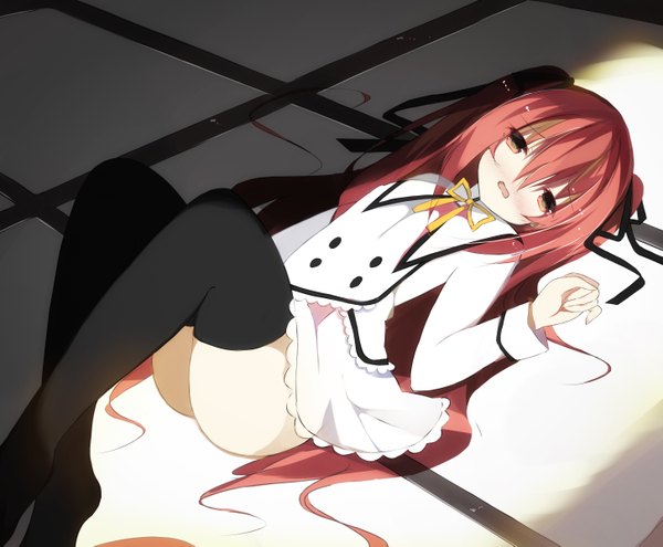 Anime picture 2906x2401 with seirei tsukai no blade dance claire rouge senya fuurin single long hair looking at viewer highres open mouth light erotic red eyes red hair lying girl thighhighs uniform ribbon (ribbons) black thighhighs hair ribbon school uniform