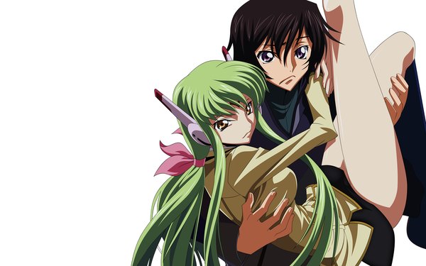 Anime picture 1920x1200 with code geass sunrise (studio) c.c. lelouch lamperouge long hair fringe highres short hair black hair simple background wide image white background purple eyes yellow eyes green hair wallpaper legs vector carrying girl