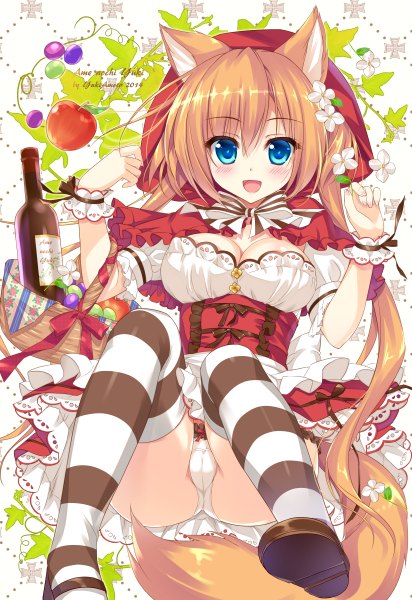 Anime picture 824x1200 with original ameto yuki single long hair tall image looking at viewer open mouth blue eyes light erotic twintails animal ears cleavage tail animal tail hair flower orange hair pantyshot fox ears fox tail fox girl