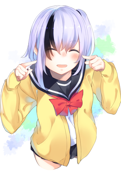 Anime picture 1132x1600 with original kinukawa chinatsu otokuyou single tall image blush short hair open mouth black hair simple background smile silver hair upper body eyes closed multicolored hair two-tone hair streaked hair side ponytail happy pointing