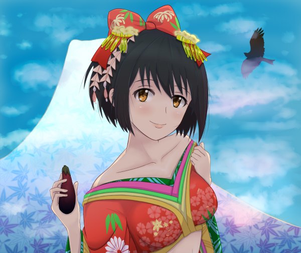 Anime picture 1200x1010 with idolmaster idolmaster cinderella girls takafuji kako chaostein single short hair black hair brown eyes traditional clothes japanese clothes girl hair ornament bow hair bow animal kimono bird (birds)