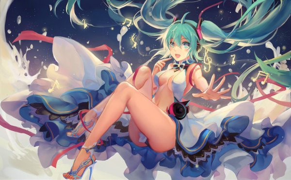 Anime picture 5078x3138 with vocaloid hatsune miku atdan single looking at viewer highres breasts open mouth light erotic wide image twintails absurdres very long hair aqua eyes aqua hair bare legs pantyshot revision girl hair ornament