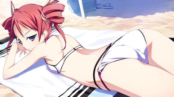 Anime picture 1280x720 with material brave giga auguschnaiter von erika kikuchi seiji short hair light erotic smile wide image brown eyes game cg red hair lying beach drill hair girl swimsuit bikini