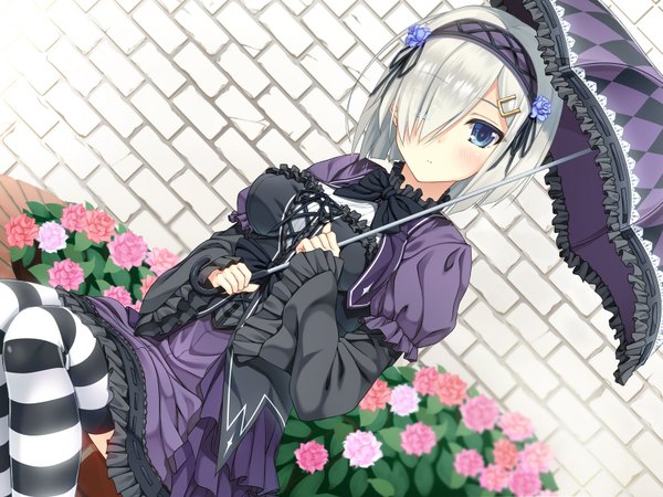 Anime picture 1600x1200 with kantai collection hamakaze destroyer moeki yuuta single looking at viewer fringe short hair blue eyes sitting silver hair hair over one eye alternate costume wallpaper lolita fashion goth-loli girl thighhighs dress hair ornament flower (flowers)