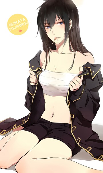 Anime picture 1200x2000 with gintama sunrise (studio) hijikata toshiro single long hair tall image blush blue eyes black hair simple background white background bare shoulders inscription undressing smoking genderswap boy navel uniform shorts