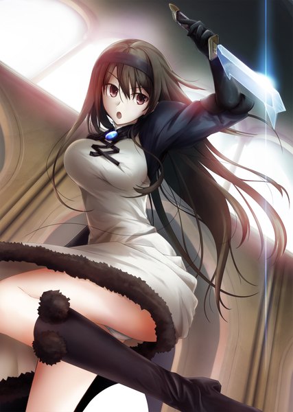 Anime picture 1425x2000 with yoshida takuma long hair tall image open mouth light erotic black hair red eyes pantyshot girl dress gloves weapon boots hairband knife