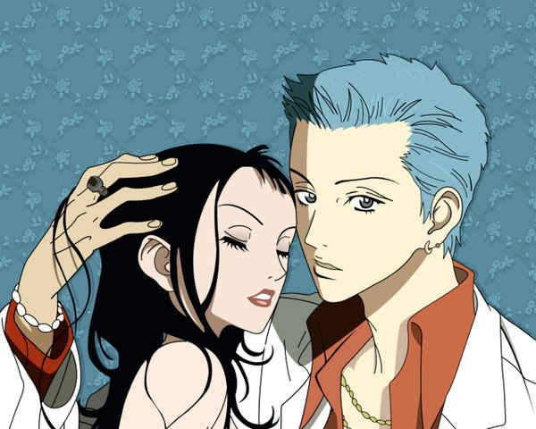 Anime picture 1280x1024 with paradise kiss madhouse yukari hayasaka george koizumi looking at viewer short hair open mouth black hair simple background bare shoulders blue hair eyes closed grey eyes couple hug lipstick piercing blue background open collar vector