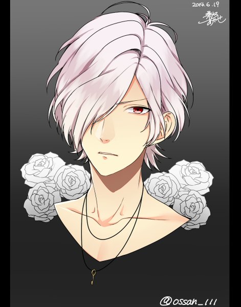 Anime picture 943x1200 with diabolik lovers idea factory sakamaki subaru kuwa ayase single tall image fringe short hair simple background red eyes signed looking away silver hair hair over one eye gradient background dated portrait boy flower (flowers) rose (roses)